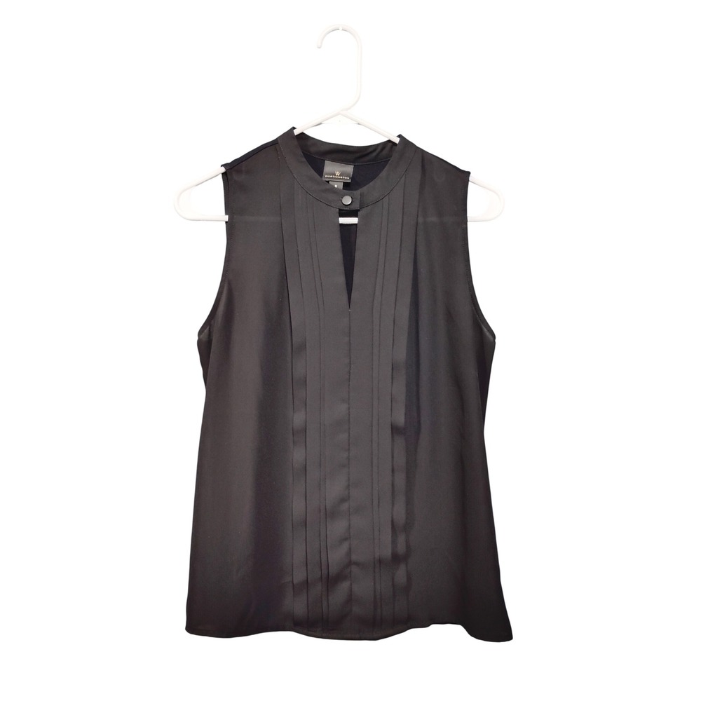 Worthington Black Sleeveless Mock Neck Pleated V-Neck Blouse Women's Size S